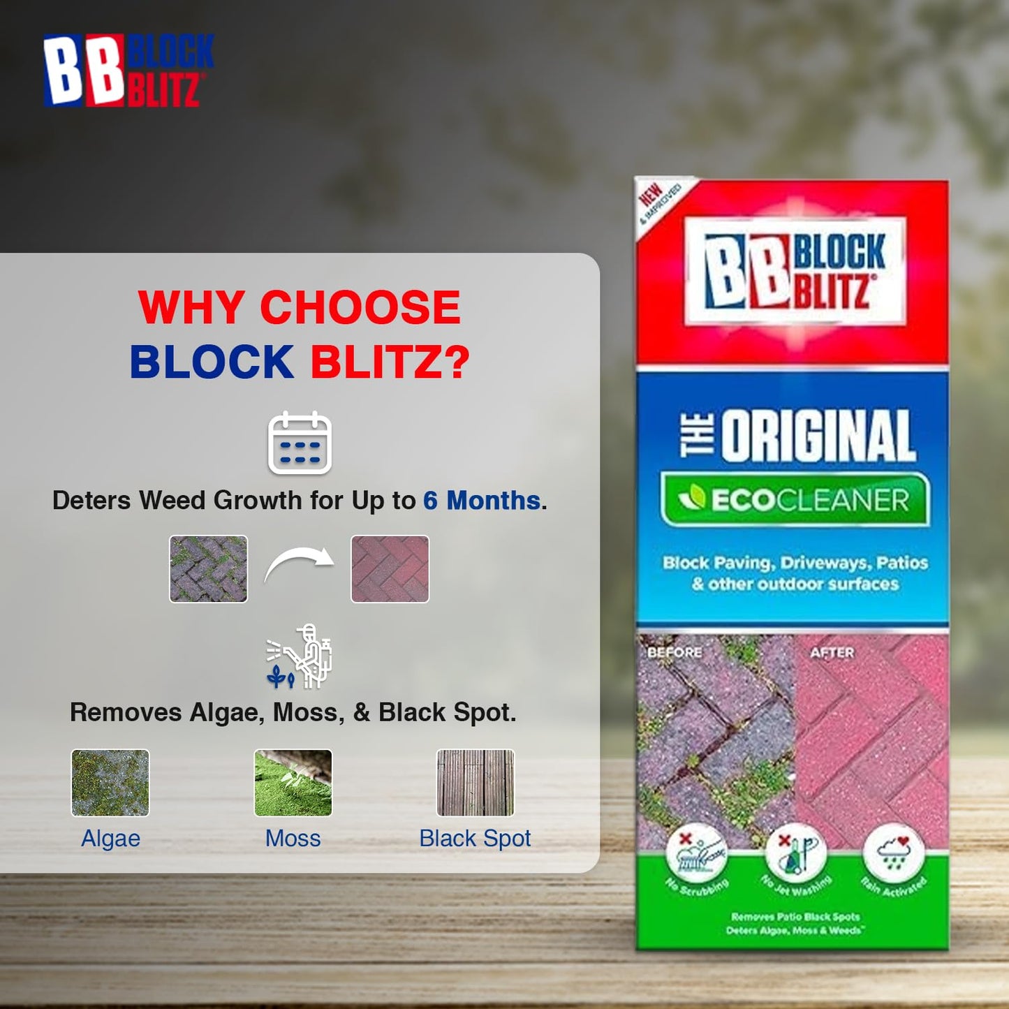 Block Blitz Block Paving Eco Cleaner. Removes and Prevents Algae, Moss, and Black Spot. Deters Weed Growth for up to 6 Months. 6 x Pouches. Treats 30 sq/m.