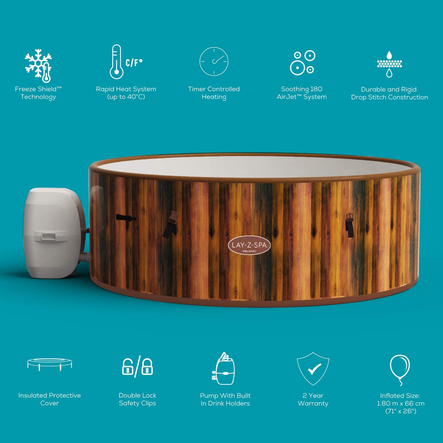 Lay-Z-Spa Helsinki Hot Tub, 180 AirJet Wood Effect Inflatable Spa with Freeze Shield Year Round Technology and Rapid Heating, 5-7 Person & LED Light Accessory for Hot Tubs, 7 Colour Underwater Light