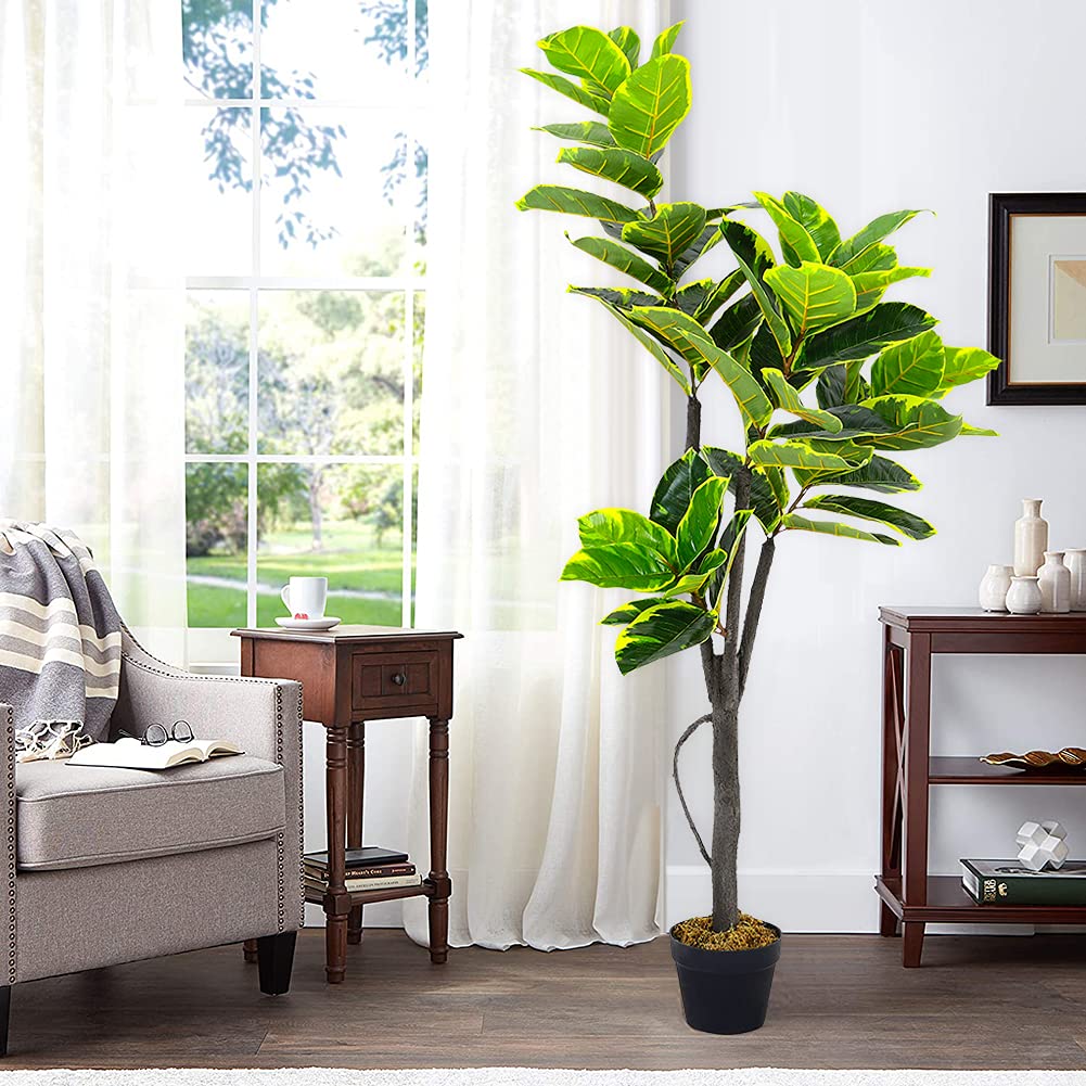 Warmiehomy Artificial Ficus Tree 150cm/5ft Tall Fake Rubber Plant Large Realistic Faux Trees in Pot All Year Green Low Maintenance Plastic Indoor House Plant for Home Office Decor