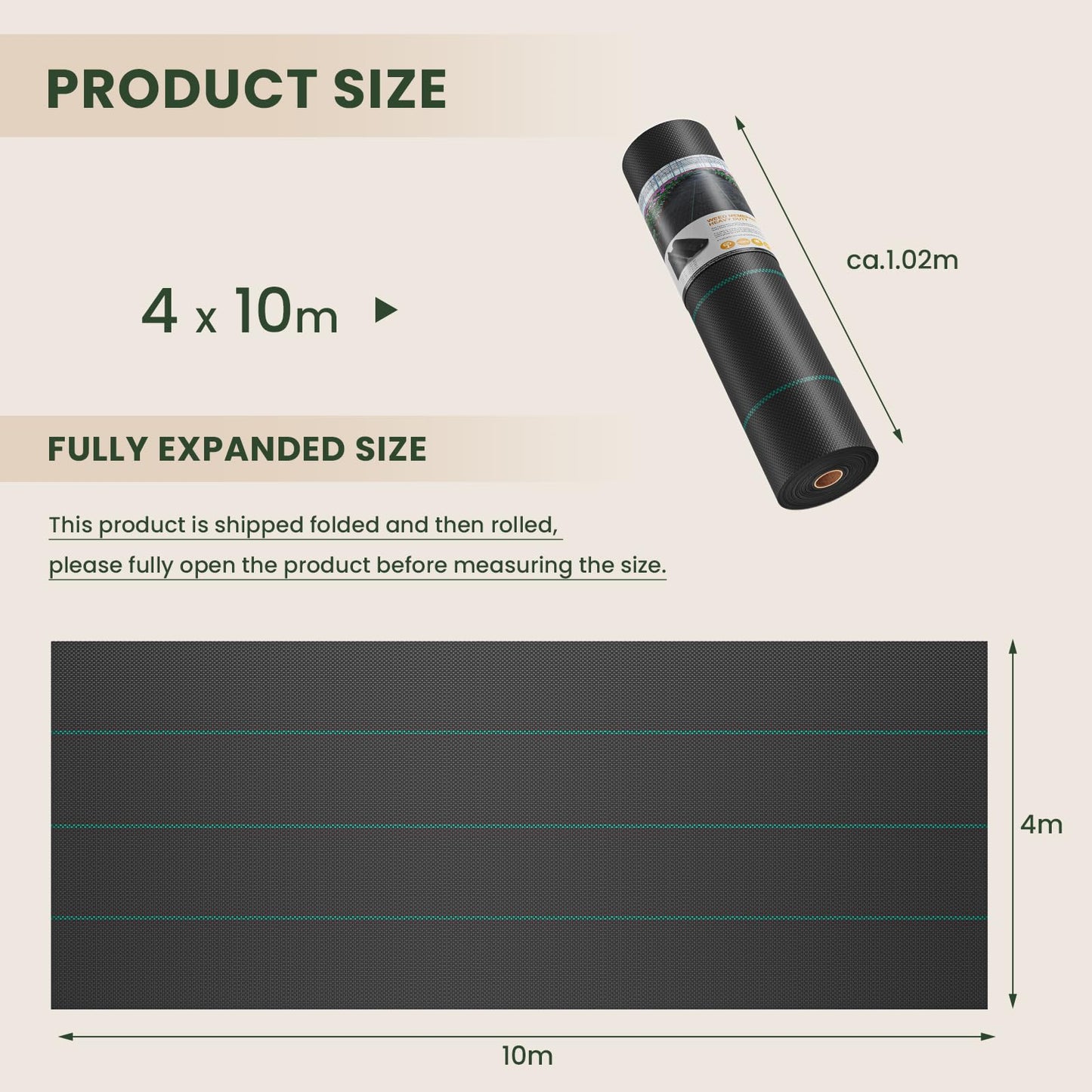 OUNUO 4 m x 10 m Heavy Duty Weed Control Membrane Garden Weed Barrier UV Protection Weed Fabric for Patios Garden Flower Beds Landscaping Black Woven Roll Ground Cover