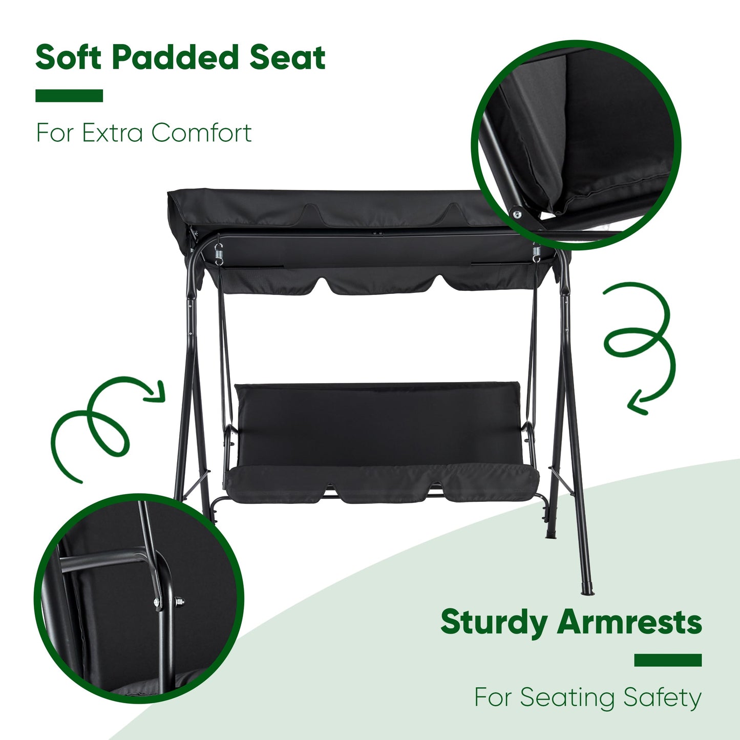 Outdoor Garden Swing Bench with Padded Seat and Water Resistant Shade Canopy 3 Seat Patio Swinging Bench for Garden Yard Outside