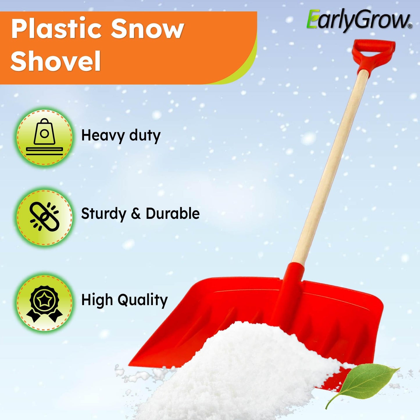 EarlyGrow 42.5cm Heavy-Duty Wide Snow Shovel Plastic Head Pusher 120cm Long Wooden Handle and D Handle Multipurpose Plastic Shovel for Snow, Waste, Leaves and Garden Debris