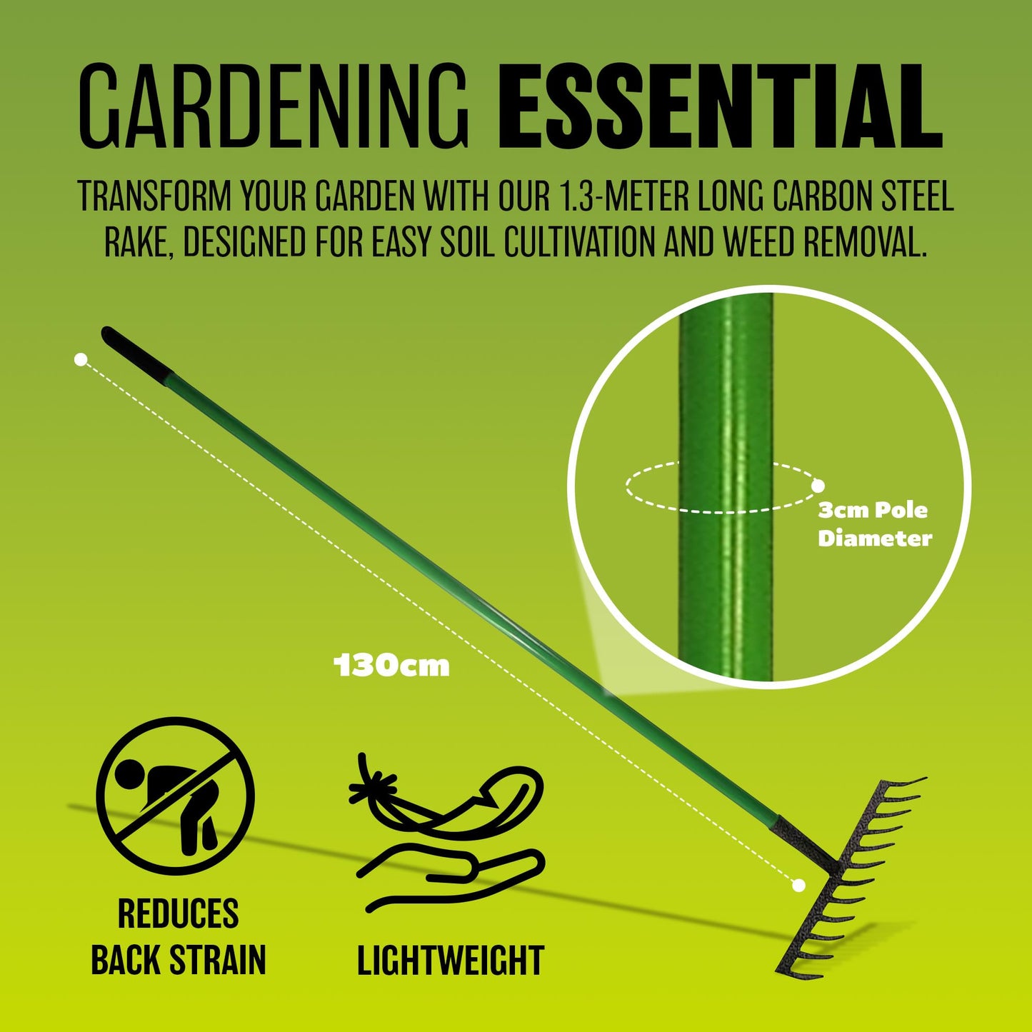 12 Teeth Lawn Rake with PVC Grip - Shaft Garden Handle Leaf Metal Head Carbon Steel Heavy Duty Raker | Gardening Hand Tool | for Raking, Weed Removal and for Working the Soil Grass Leaves