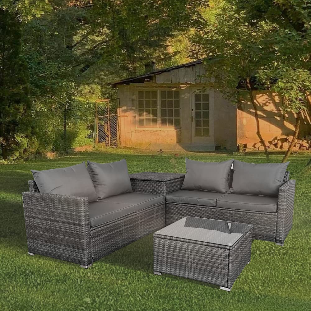 Panana 4 Seater Rattan Furniture Set Lounge Corner Sofa Set with Storage Cabinet, Coffee Table, Furniture Cover for Garden Patio Outdoor (Grey Wicker with Grey Cushions)