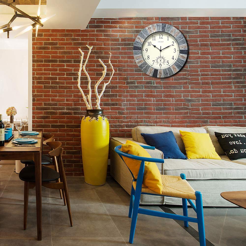 OCEST 13 Inch Garden Clocks Outdoor Waterproof, Large Retro Wall Clock with Thermometer Battery Operated Non Ticking Decorative for Patio Pool Kitchen