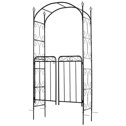 Outsunny Garden Decorative Metal Arch with Gate Outdoor Patio Trellis Arbor for Climbing Plant Archway Antique Black - 108L x 45W x 215Hcm