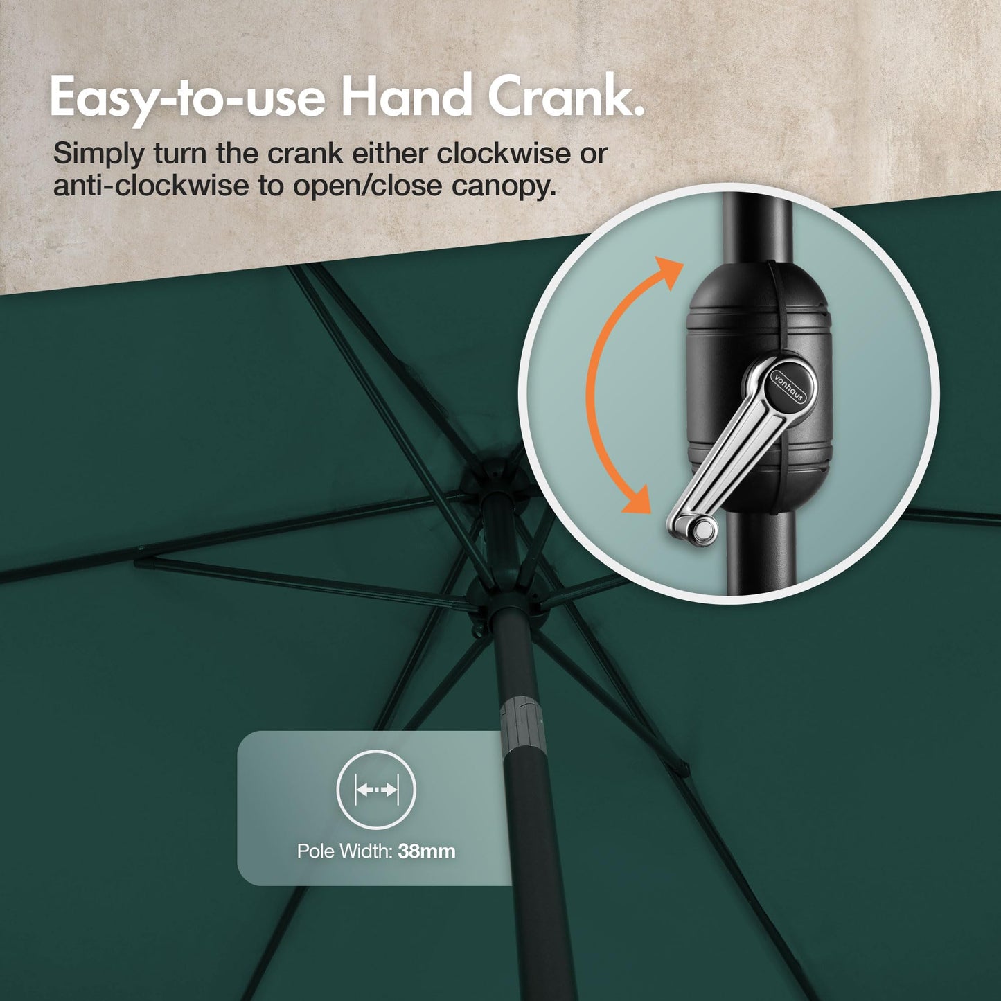 VonHaus Parasol 2M – Parasol Umbrella for Outdoor, Garden, Patio – Sun Shade Canopy with Hand Crank, Tilt Function, UV30- Protection, Air Vent, Powder Coated Steel Frame - Dark Green