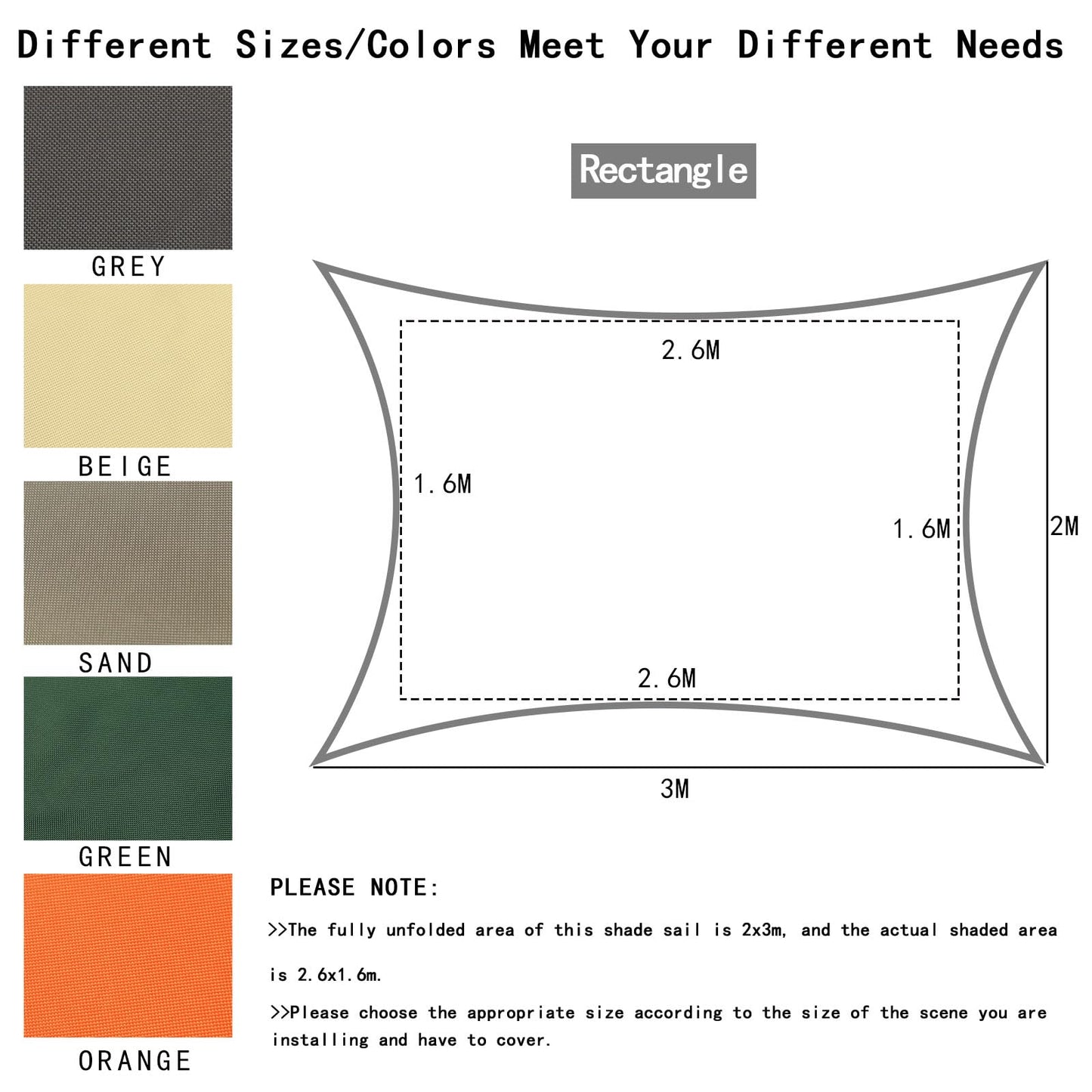 Falflor 2x3m Sun Shade Sail Rectangle Waterproof Shade Sail Durable Awning for Patio UV Block Outdoor Garden Canopy for Party Backyard Lawn(Grey)