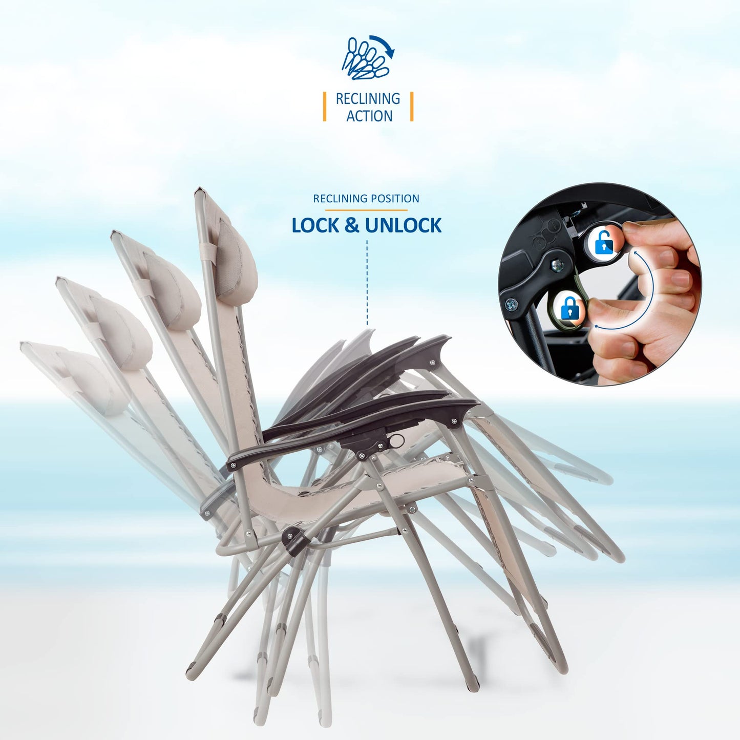 SUNMER Set of 2 Sun Lounger Garden Chairs With Cup And Phone Holder - Deck Folding Recliner Zero Gravity Outdoor Chair - Grey/Grey