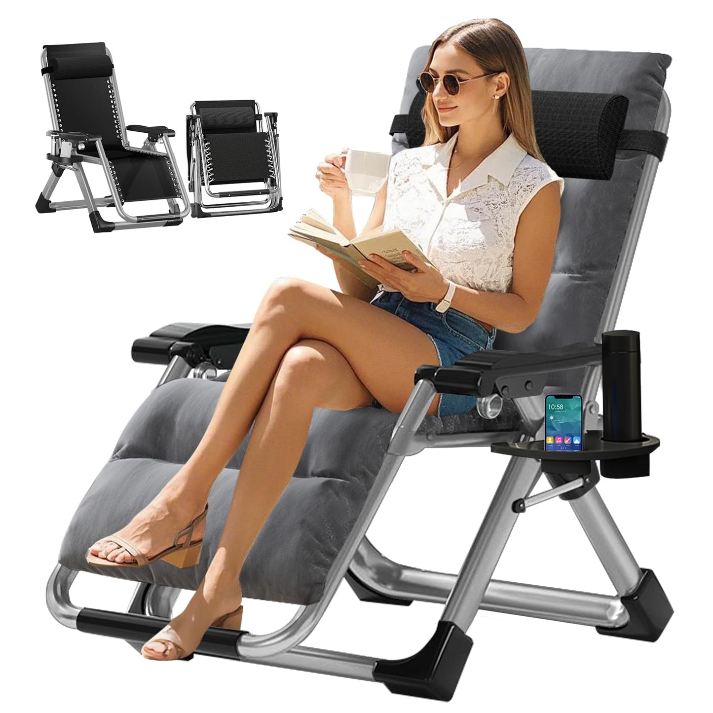 Obqer Folding Zero Gravity Chair, 440LBS Heavy Duty Sun Lounger, Adjustable Garden Recliner with Cushion and Side Holder, Extra Wide, No Assembly Required, Sun Loungers for Garden Terrace Beach Pool