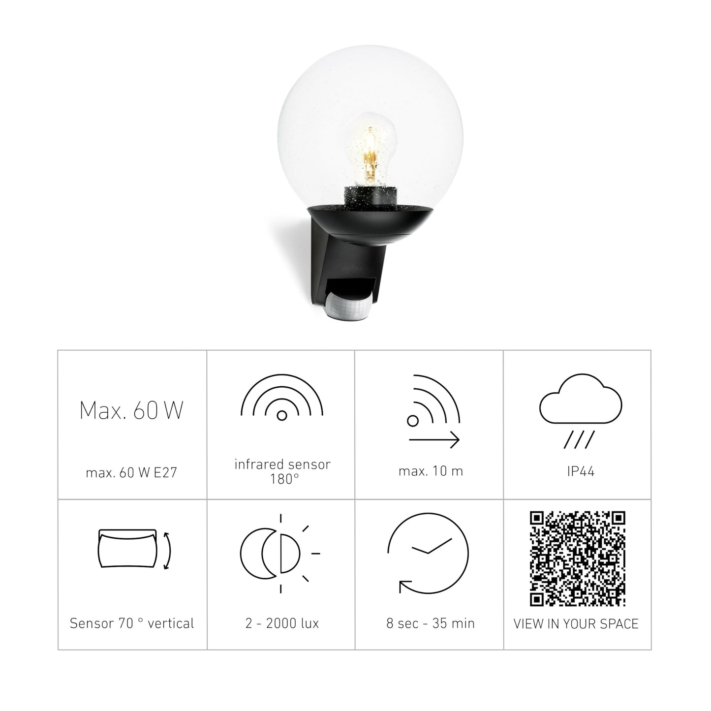 Steinel L 585 S Outdoor Wall Light Black, 180° Motion Sensor, 10 m Reach, Maximum 60 W Light Bulb (Not Included), E27 Fitting