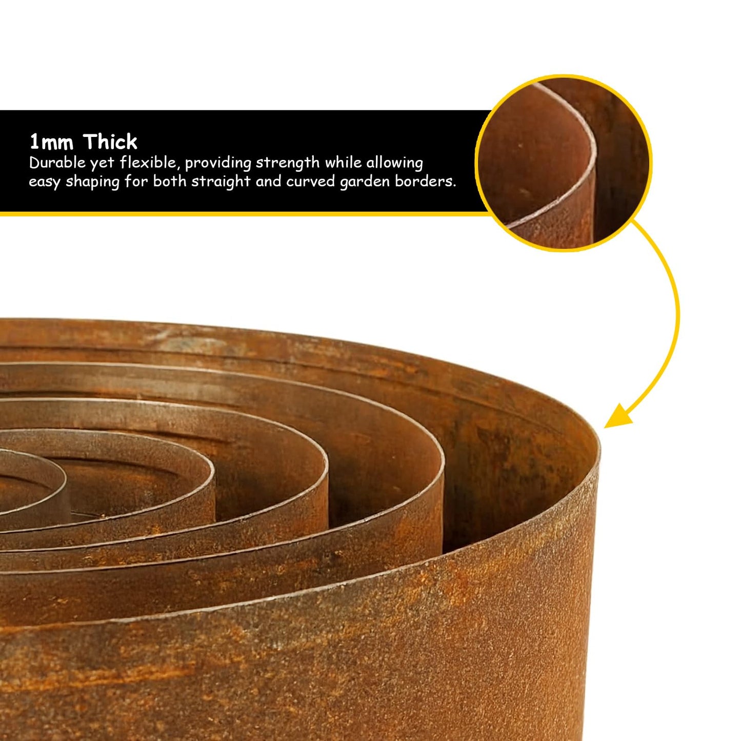 Corten Steel Metal Lawn Edging 5 Metre (16.5ft), Roll, Pre-Rusted Metal Garden Edging 14 cm High, Easy to install Garden Edge Border, Safety Gloves Included