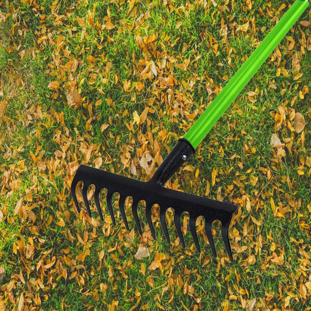 KKTECH Carbon Fibre Garden Rake for Soil - Long Lasting, Durable, Lightweight, 12-Tine Metal Rake Head - Heavy Duty Garden Rake for Gardening - Green (120 x 32 x 9 ) cm