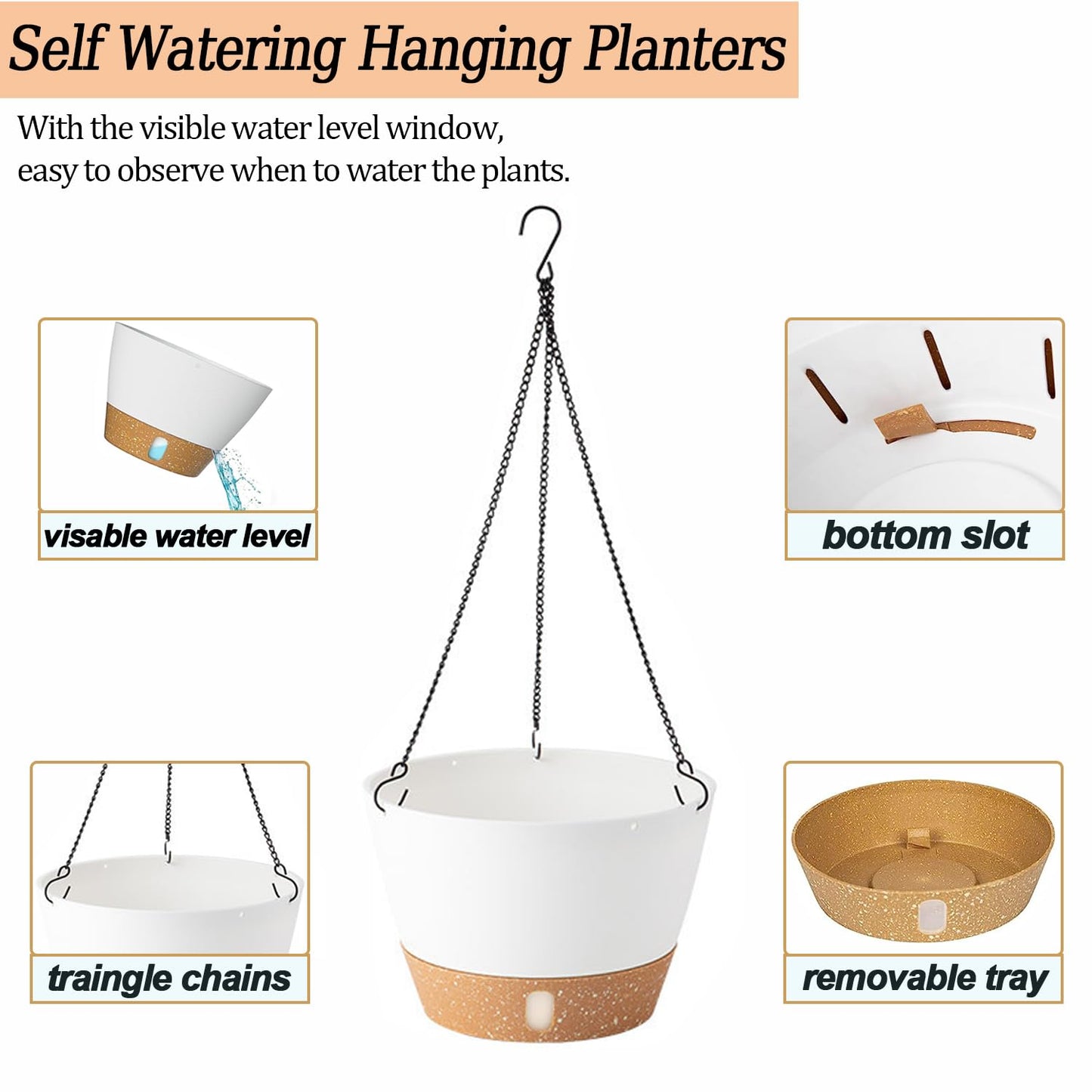 LSRVNM 3 Pack Hanging Plant Pot, Self Watering Planter with Removable Visible Water Tray Drainage Holes Chain Hooks, Hanging Flower Pot for Indoor Outdoor Garden (White)