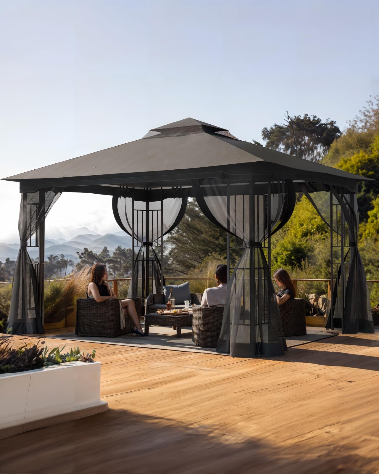 The Fellie 3M x 4M Gazebos with Double Tiered Roof, Large Outdoor Garden Gazebos with Mosquito Netting, Heavy Duty Metal Gazebos for Garden, Patio, Party, Camping, Waterproof, Dark Grey