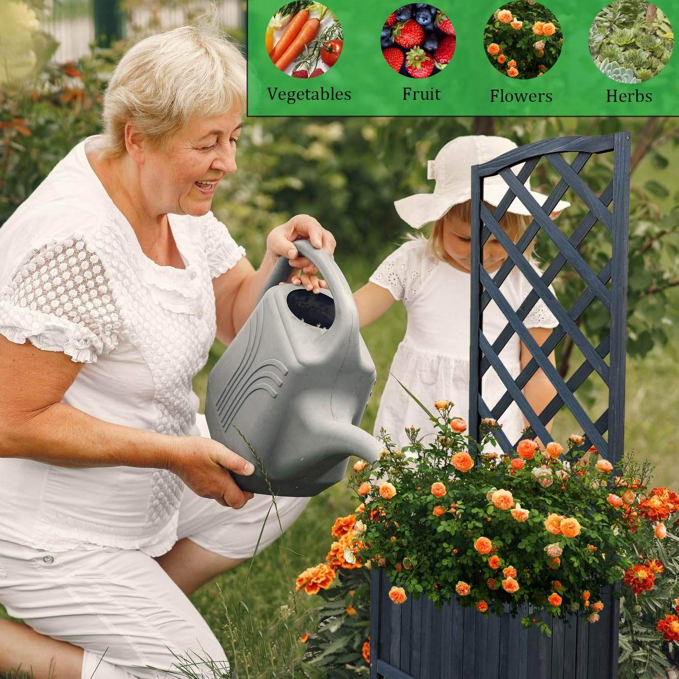 Wooden Planter with Lattice Trellis Panels for Vines Garden Climbing Plants Flowers, Free Standing Plant Pot Box for Garden Patio Raised Bed,L45 x W30 x H120 cm, Grey