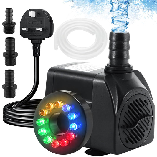 Submersible Water Pump, 25W 1500L/H Fountain Pump with 12 Color LED Light for Fountain Pool Garden Pond Fish Tank Aquarium Water (with Tubing)