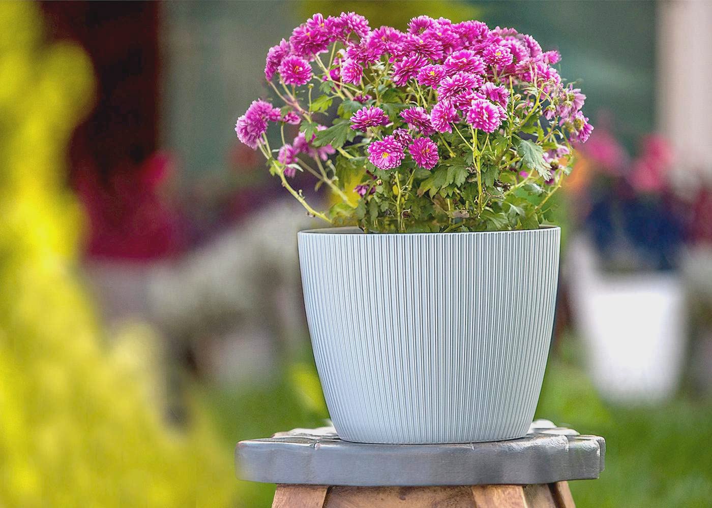 Home Garden Ornaments Plant Pots Indoor 15.5cm Diameter – Round and Plastic Plant Pot of Light Grey Colour – Striped Flower Pot – Decorative Flower Pots Outside (Ø15.5cm, Light Grey)