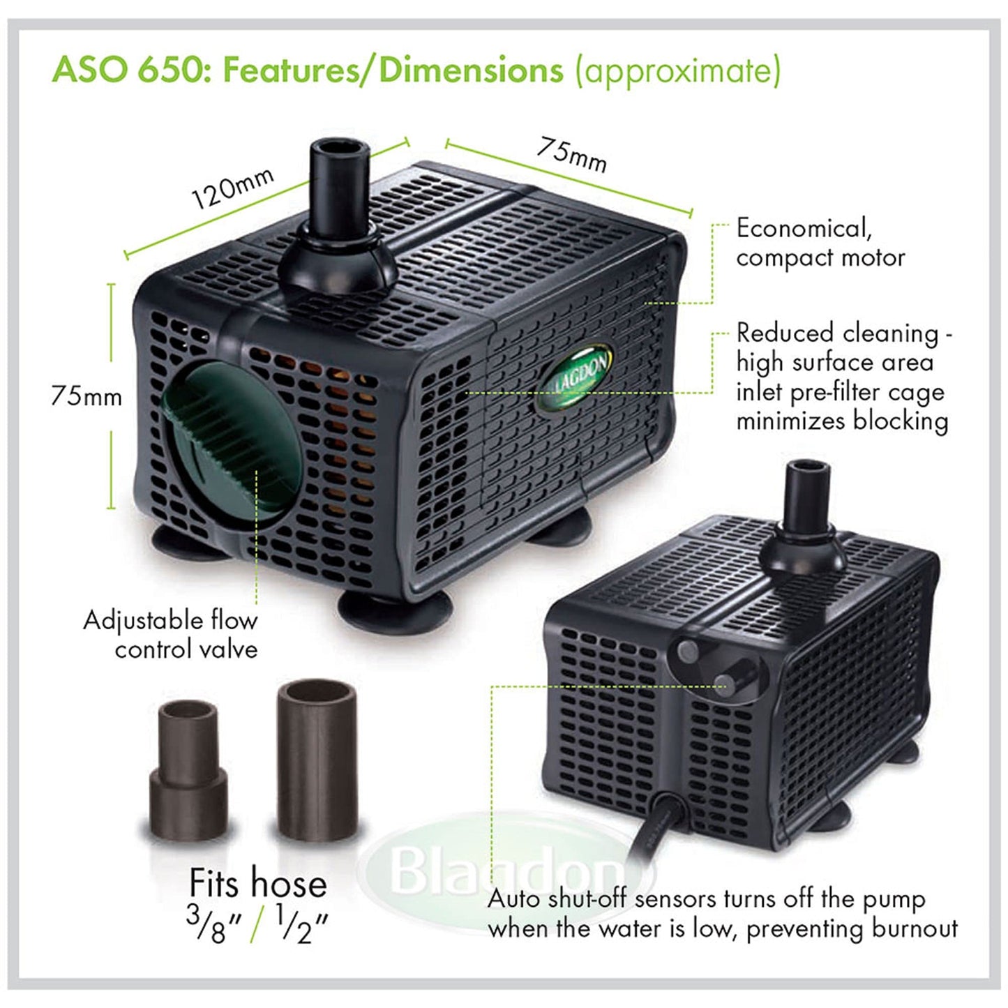 Blagdon Water Feature Pump with Auto Shut Off Sensor Prevents Burnout, Adjustable Flow Control, Reduced Cleaning, 3 Hose Fitting Adaptors, Pumps up to 650 Litres/Hour, Max Pumping Height 1.1m