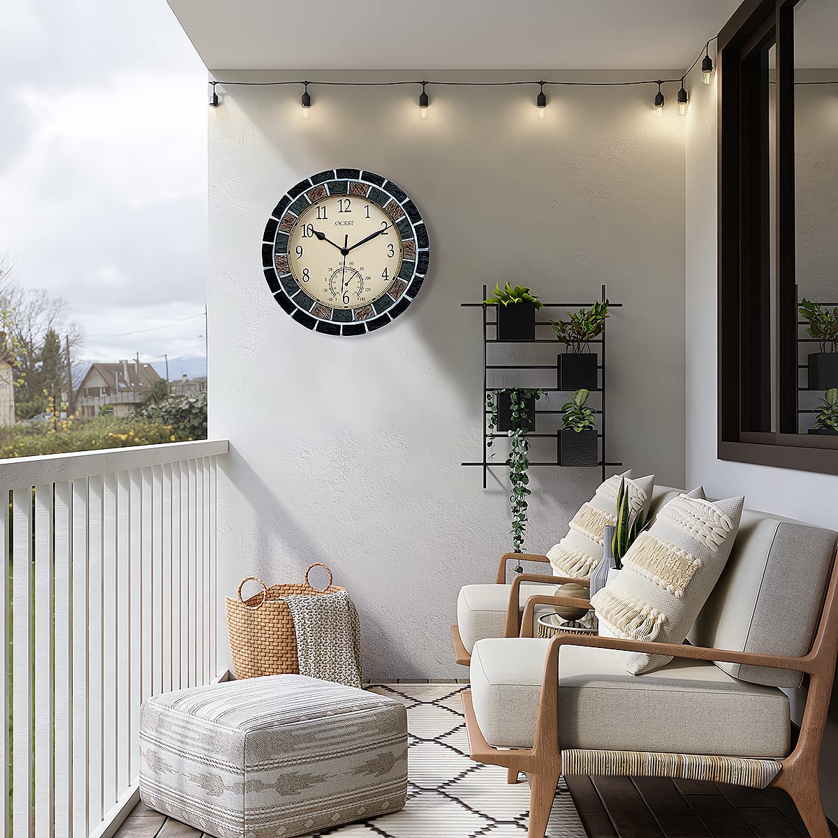 OCEST 10.5 Inch Garden Clock Outdoor Waterproof, Thermometer Silent Non-ticking Battery Operated Wall Clocks Retro Decorative for Pool, Kitchen, Patio