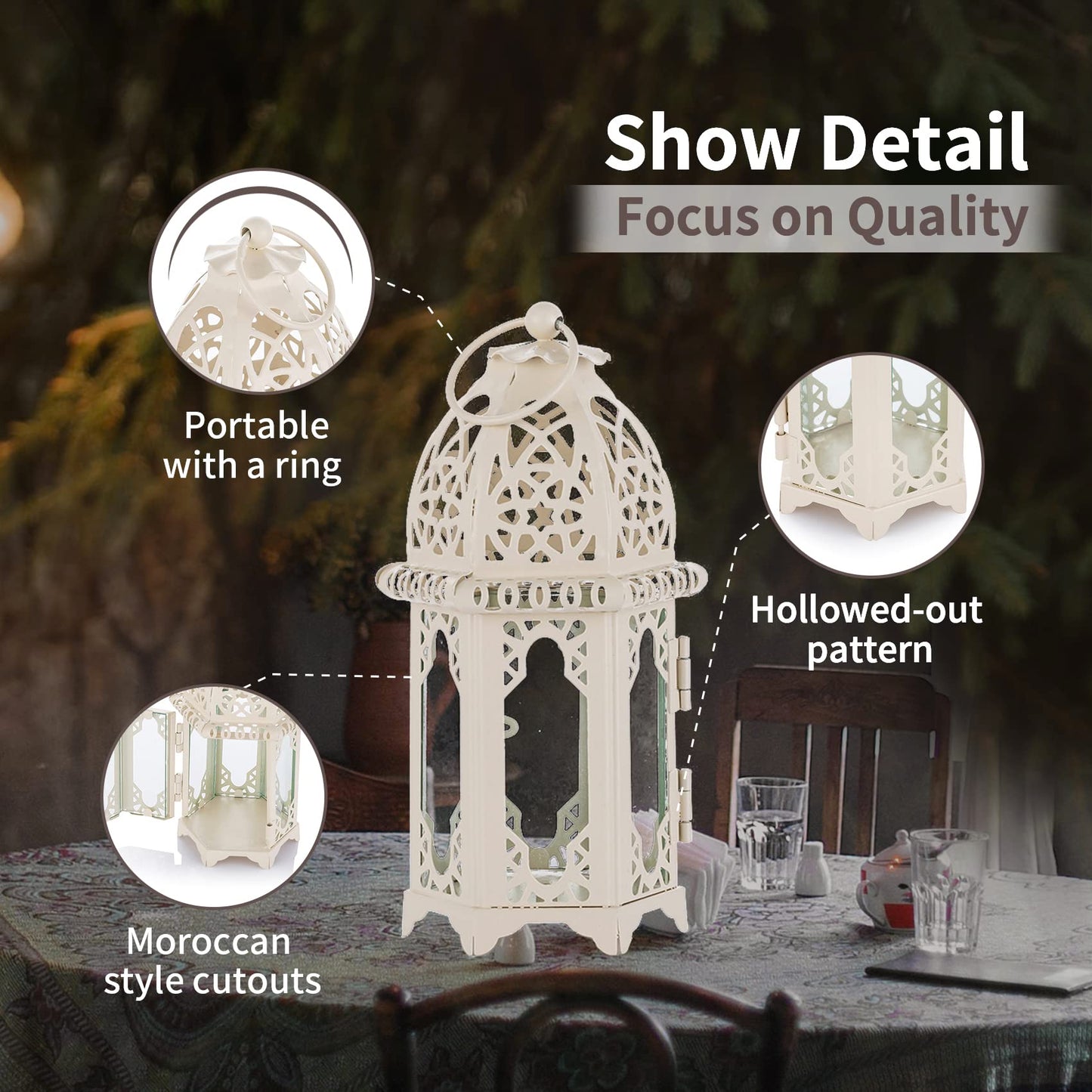 NUPTIO Ramadan Lantern Decorations for Home: Metal Glass Moroccan Tealight Candle Holder Eid 2 Pcs Fanoos Ramadan Wedding Table Decoration Hanging Patio Indoors Outdoors, White