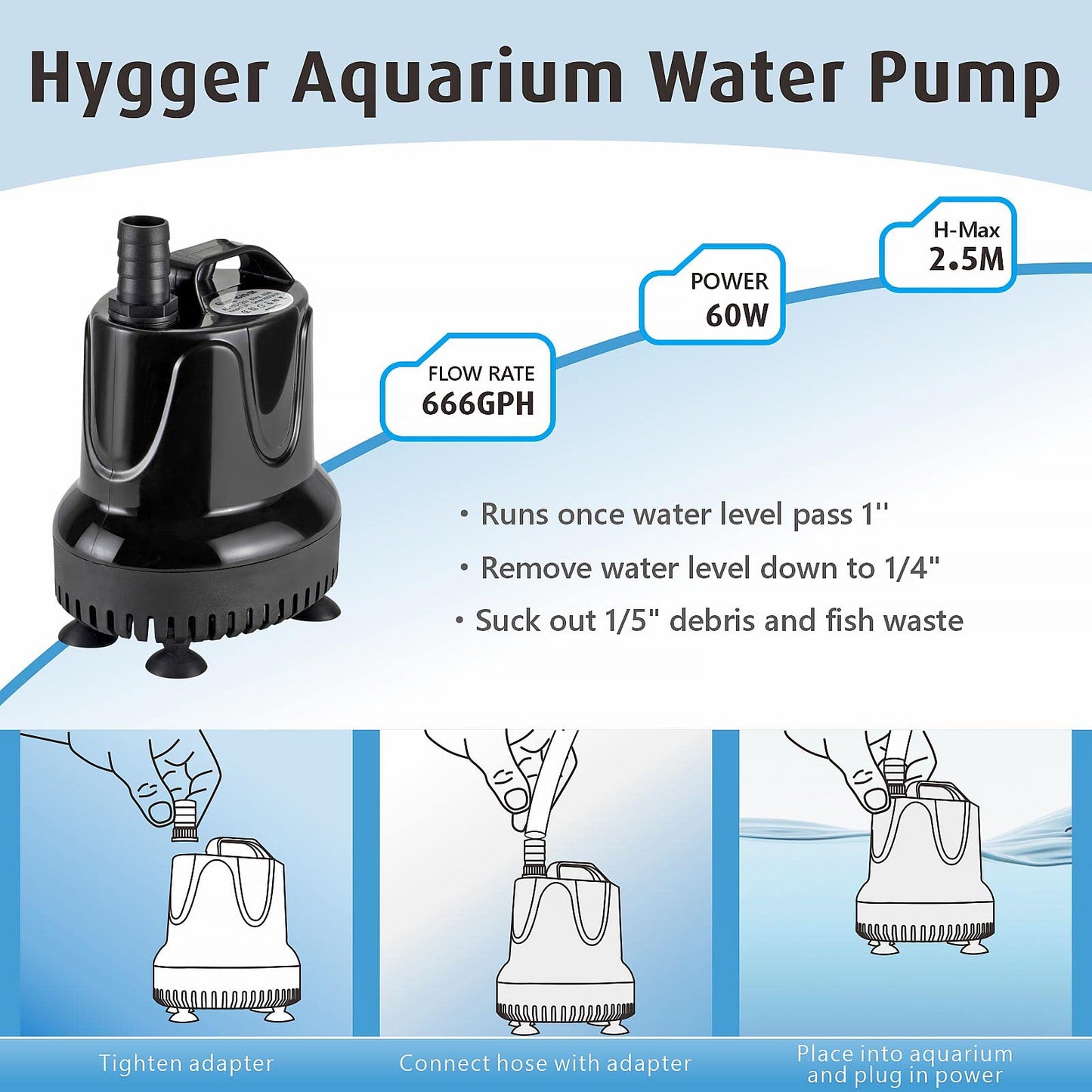 hygger Submersible Water Pump,2500L/H 60W Aquarium Water Pump,Ultra Quiet Fountain Water Change Aquarium Water Feature Pump Fish Tank Circulation Pump with 3 Nozzles,for Pond Garden Fish Tank