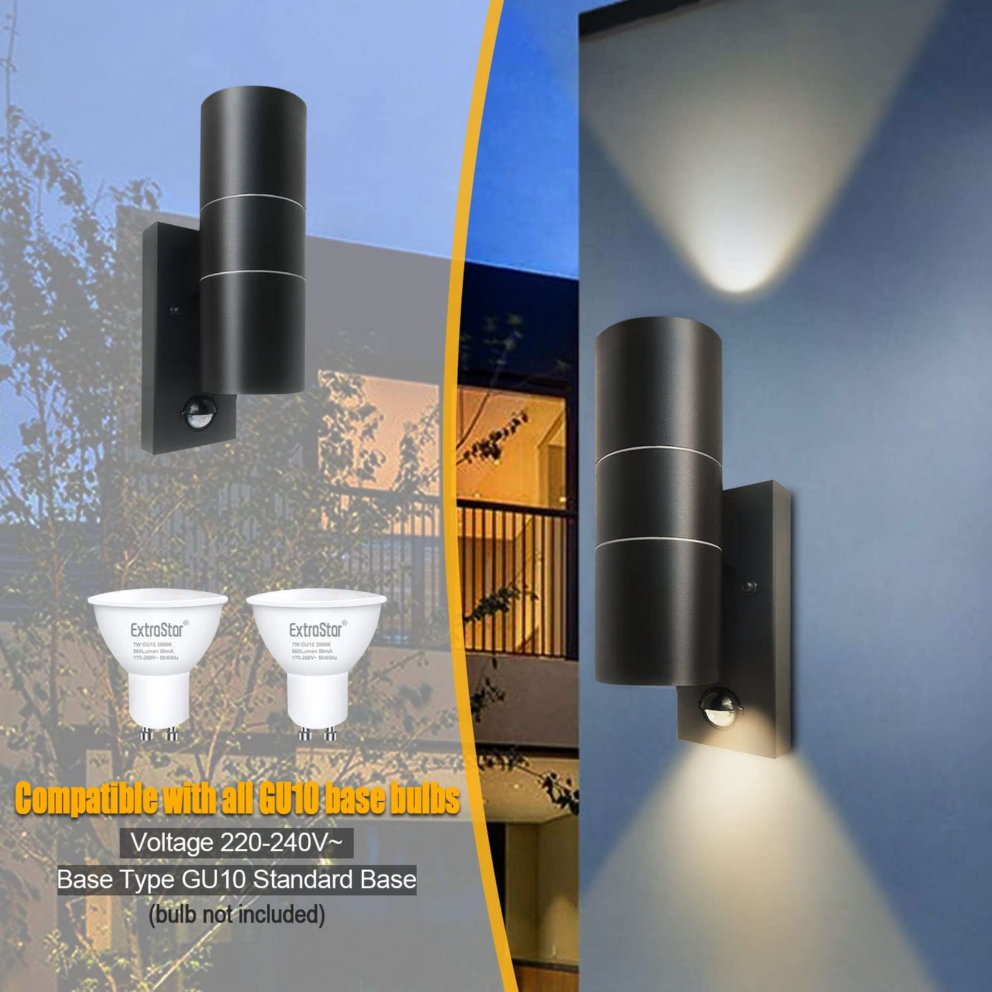 EXTRASTAR Black Outdoor Wall Lights PIR Motion Sensor, GU10 Base Double Up Down Exterior Wall Sconce, IP44 Stainless Steel Wall Light for Garden, Patio,Porch, Garage（Bulb not Included）