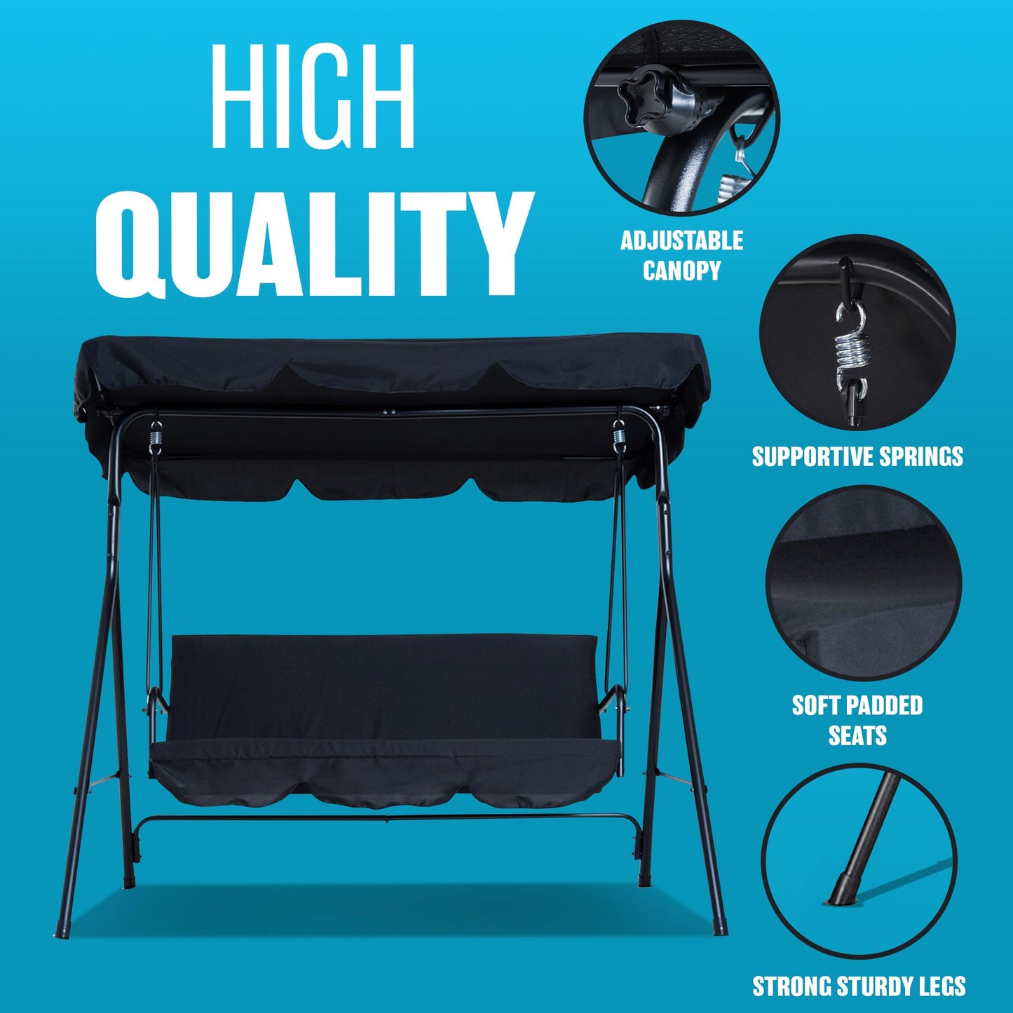 3 Seater Garden Swing Chair - Black Seat Hammock Swinging Metal Terrace Shade Sun Protection Canopy Bench | Thick Padded Cushion | Waterproof Outdoor Garden | Adjustable Canopy