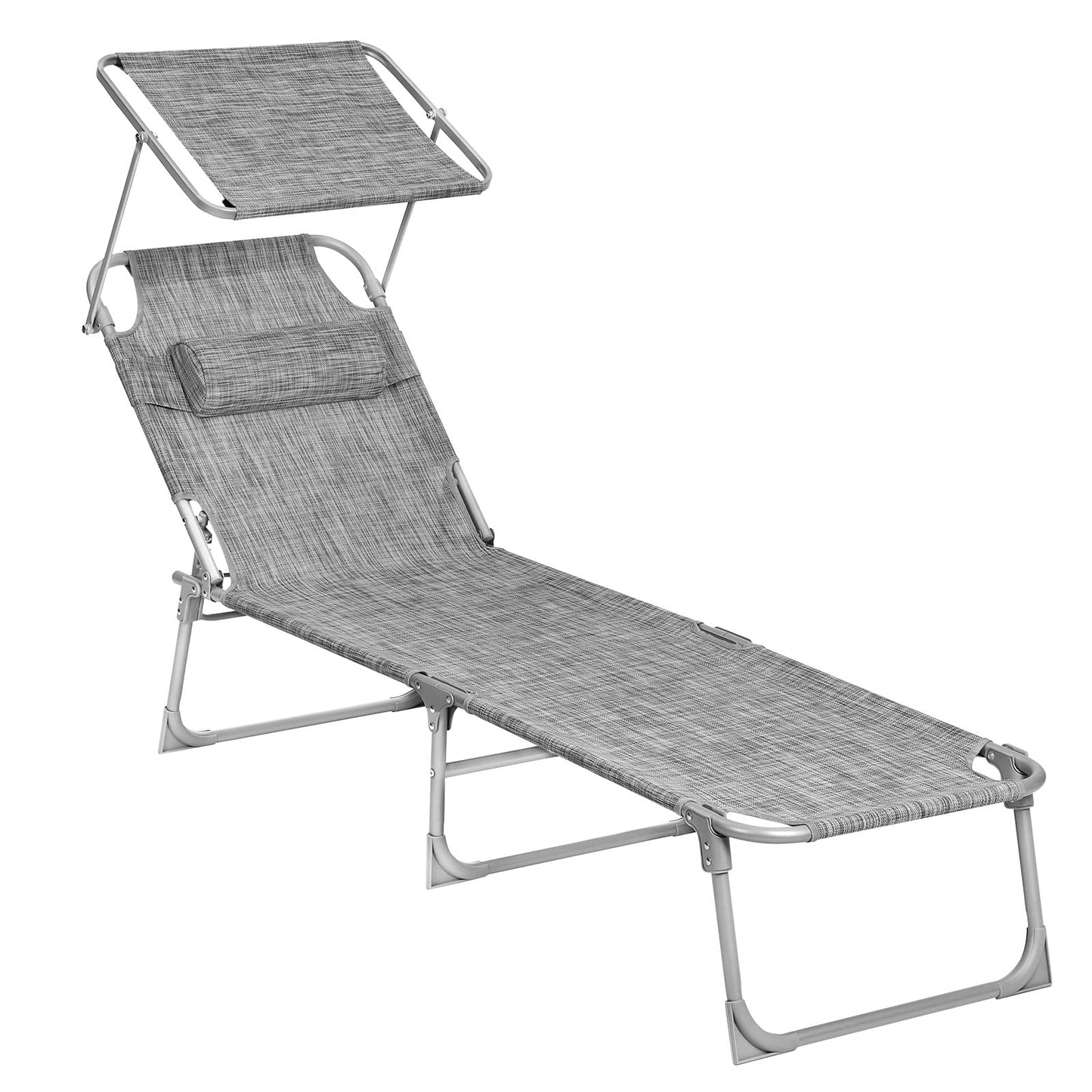 SONGMICS Sun Lounger, Deck Chair Folding, Sunbed, 193 x 53 x 29 cm, Max. Load 150 kg, with Sunshade Headrest Adjustable Backrest, Reclining Sun Chair for Terrace Pool Garden, Greige GCB19T