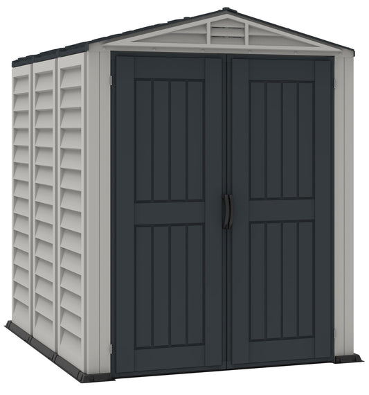Duramax YardMate PLUS 5 x 8 (4.28 m2) Plastic Garden Shed with Heavy-Duty Plastic Floor, Strong Metal Roof Structure, Fire Retardant & Maintenance-Free Storage Shed, Dark Grey & Adobe