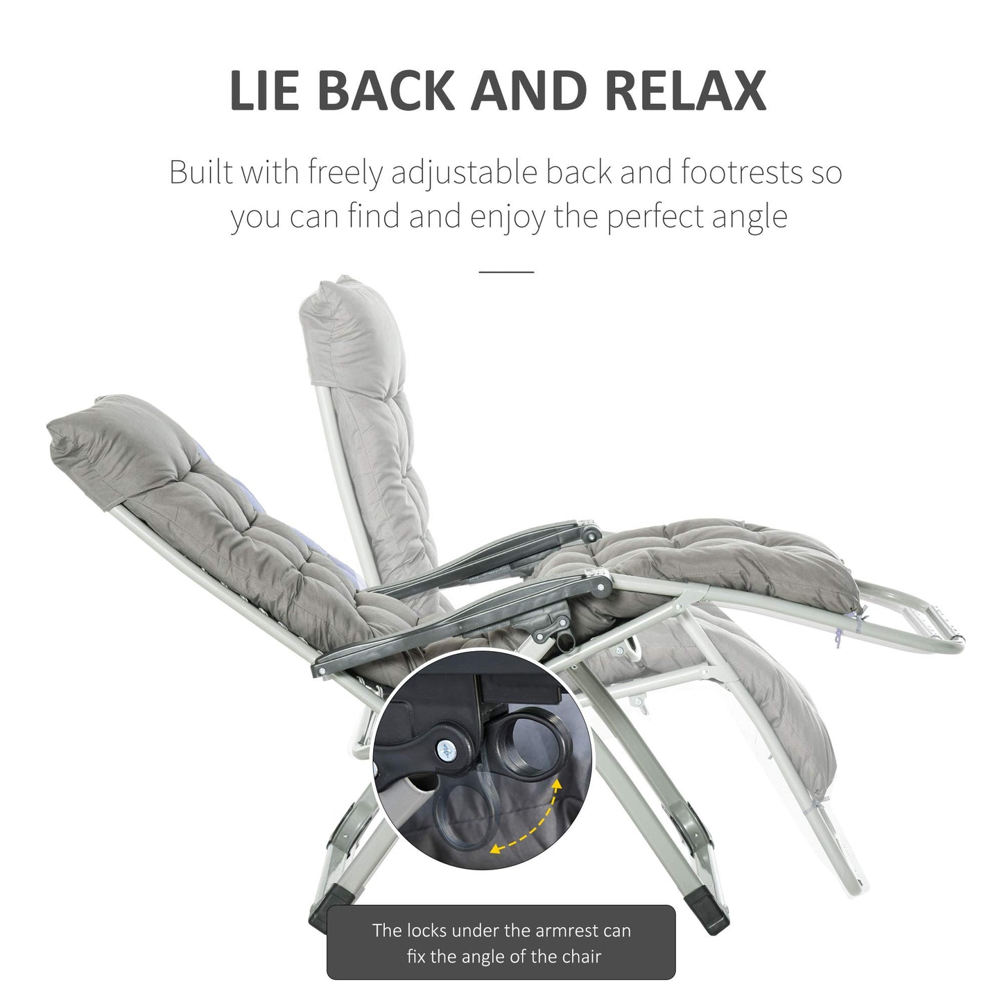 Outsunny 2 Piece Reclining Zero Gravity Chair Metal Frame Folding Garden Sun Lounger with Cushion Headrest, Dark Grey