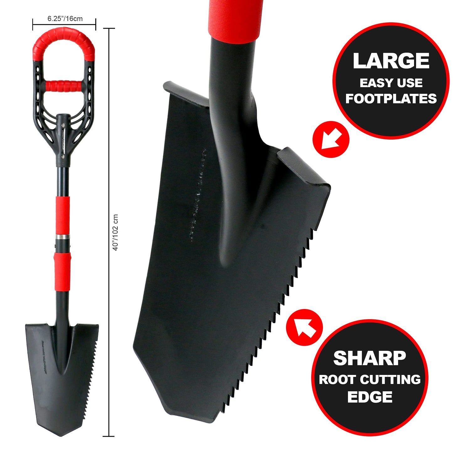 Roamwild Multi-Digger Garden Spade – Reinforced Fibreglass Light Weight Gardening Arrow Head Shovel with Unique Dual Soft AIR Light Grip Technology & Root Saw Stump Cutter.