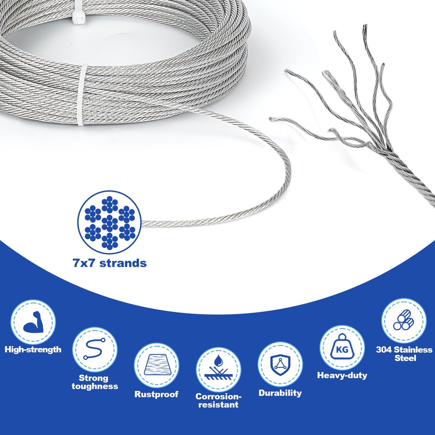 TooTaci 3mm Wire Rope Kit, Balustrade Wire Kit, 122M/ 3mm Stainless Steel Wire Rope, Steel Cable 7×7 Strands, with 20pcs M5 Turnbuckle Wire Tensioner Kit, 3mm Wire Balustrade Kits for Decking, Fencing