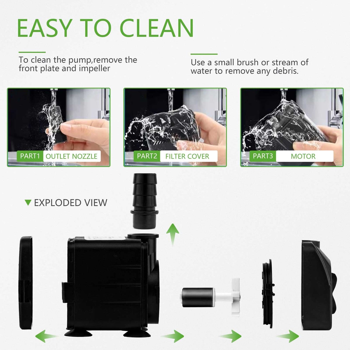 Mini Submersible Water Pump (600L/H, 10W) Adjustable Ultra Quiet Fountain Water Pump for Aquarium, Fish Tank, Pond, Statuary, Hydroponics, Indoor or Outdoor Fountain with 1.5M Power Cord and 2 Nozzles