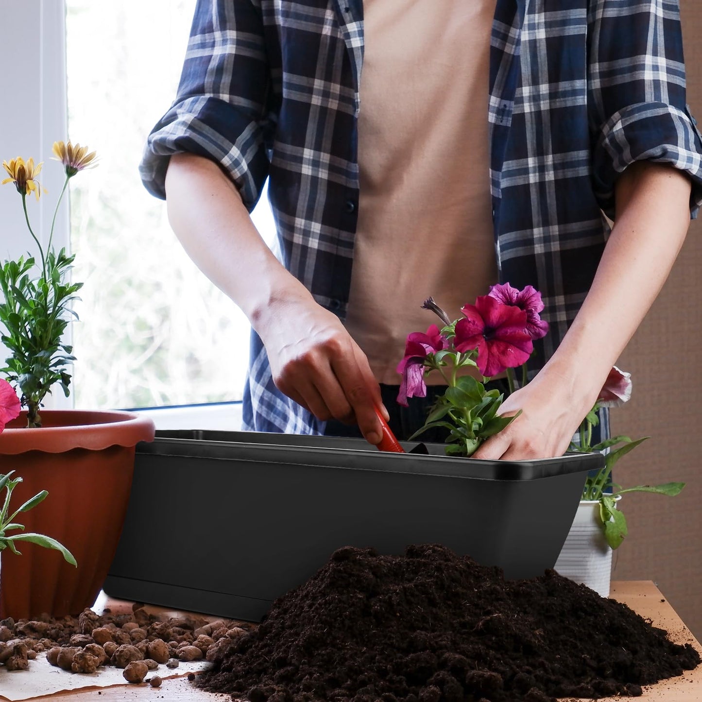 8Pcs Rectangle Plant Pot Rectangle Window Box Planter 17 Inch Black Herb Planters with Tray Herb Pots for Indoor Plants Large Flower Boxes for Bay Window,Kitchen Windowsill,Shelf,Coffee Table