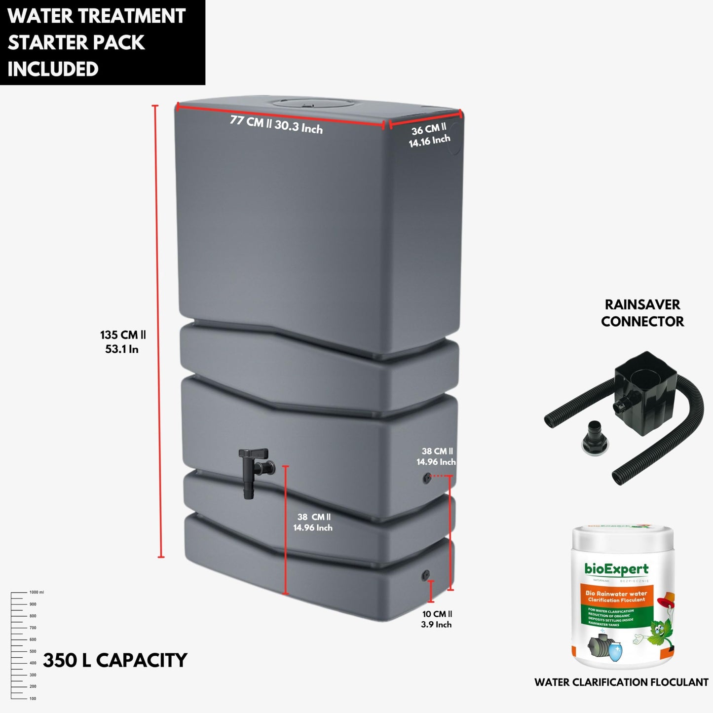 Water Butt with Tap - Modern Tower Shaped- Grey 350L - Ideal for Gardens and Terraces, Saves Water and Promotes Plant Growth