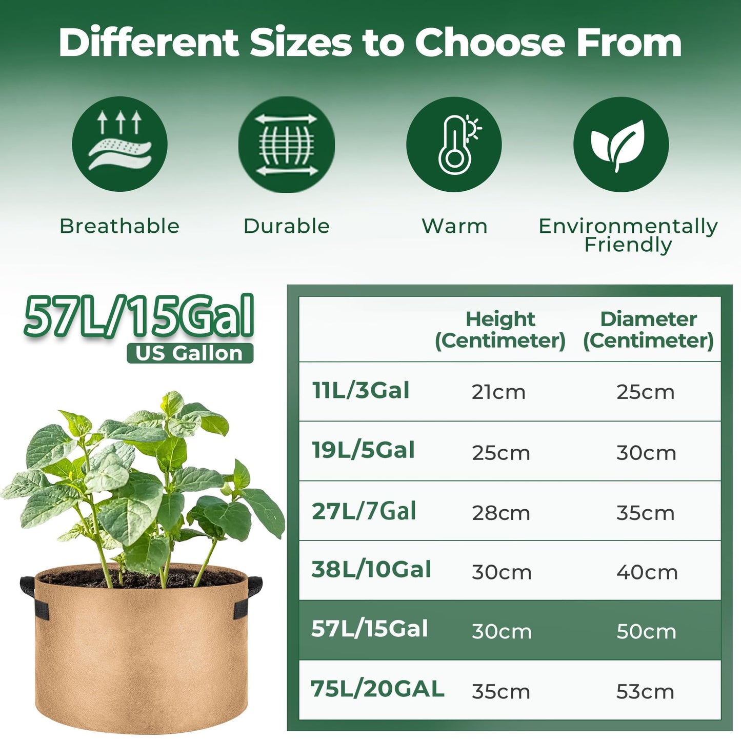 T4U 5-Pack 15 Gallon Fabric Plant Grow Bags, Heavy Duty Smart Growing Bag with Handle, Thickened Breathable Nonwoven Growbag Planter, Large Fabric Pots for Potato Tomato Vegetable Bonsai Tree Outdoor