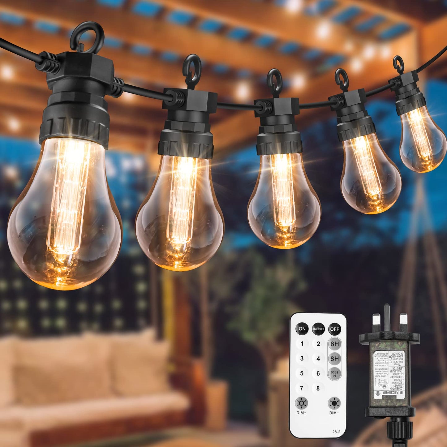 Festoon Lights Outdoor, 17M/55.77FT Connectable Outdoor String lights Mains Powered with Edsion Shatterproof Bulbs, Remote &8 Modes Waterproof Garden String Lights for Indoor Outside Patio Party Décor