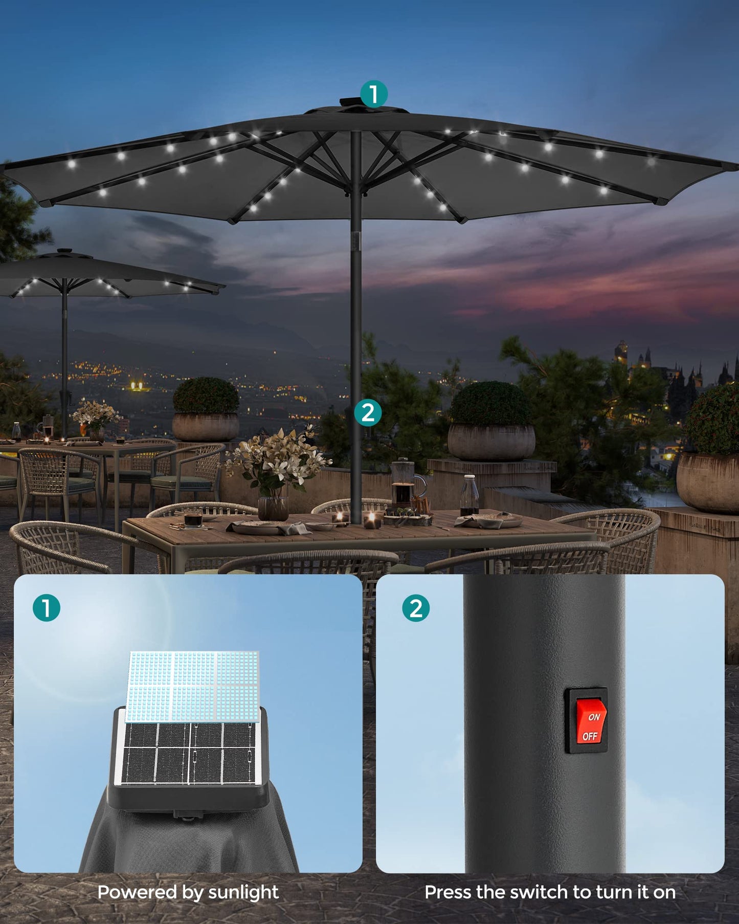 SONGMICS Parasol 300 cm with LED Solar Lighting, 32 LED Lights, UV Protection UPF 50-, 30° Bendable, for Garden, Patio, Pool, Balcony, without Stand, Grey GPU33GY