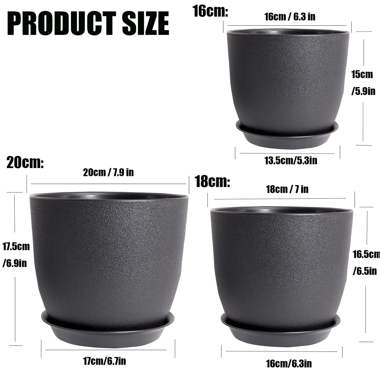 PROFIKLA 20cm, 18cm, 16cm Plastic Plant Pots, Plant Pots with Drainage Holes and Saucers, A Set of 3 Flower Pots, Modern Decorative Planters, Black