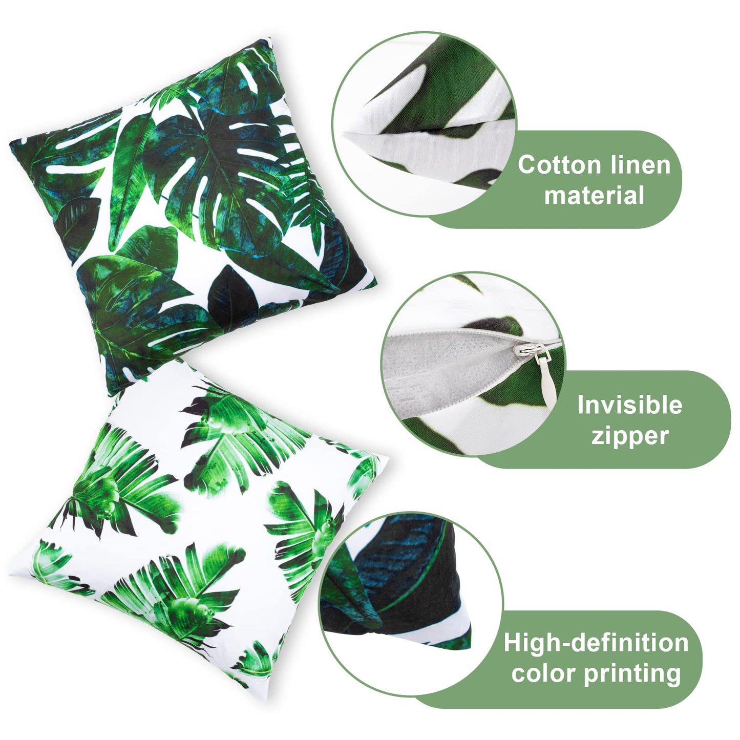 Set of 4 Cushion Covers 18x18 Inch, Waterproof Outdoor Cushion Covers, Tropical Leaves Pillow Cases, 45 x 45cm Decorative Thorw Pillow Covers, Sofa Pillowcases for Bedroom Office Car Home Decor