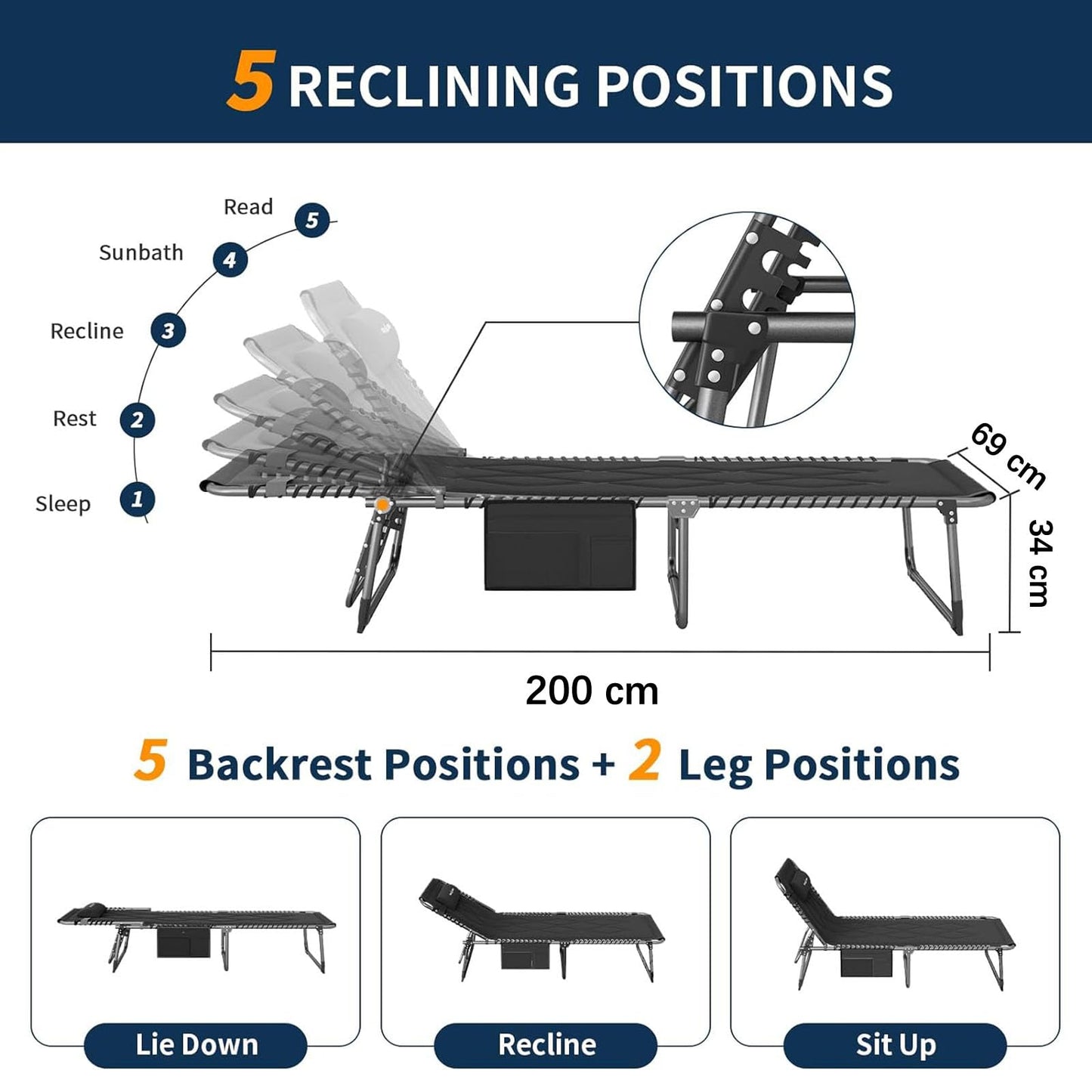 UDPATIO Padded Sun Lounger with Extra Cushion,Foldable Camp Bed With Adjustable Backrest Headrest,Oversize Garden Lounge Chair With Side Pockets Black