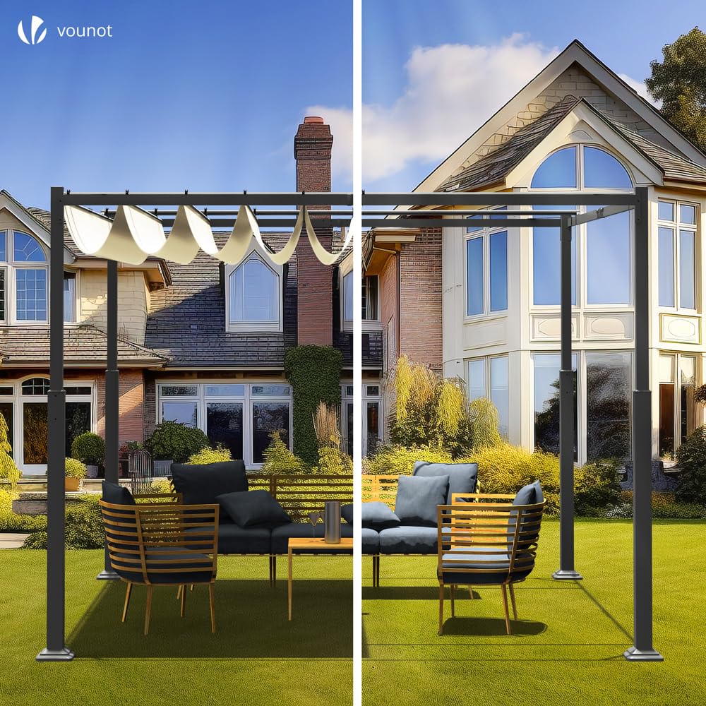 VOUNOT® 3x3m Metal Pergola with Retractable Roof, Gazebo with Sun Shade Canopy for Garden Patio Outdoor, Beige