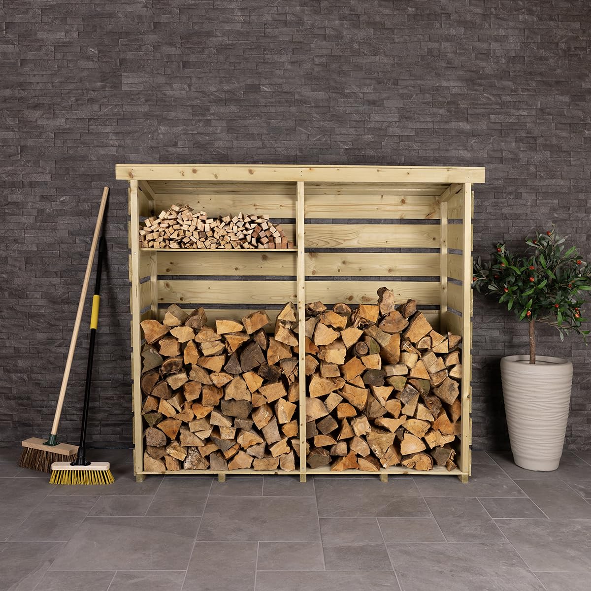 CHARLES BENTLEY FSC Certified, Wooden Log Store, Garden, Large Log Store, Heavy Duty, Firewood Storage, Kindling, Treated Wood, Slatted Design, Slanted Roof, Raised Floor, Spruce (177x152x53.5cm)