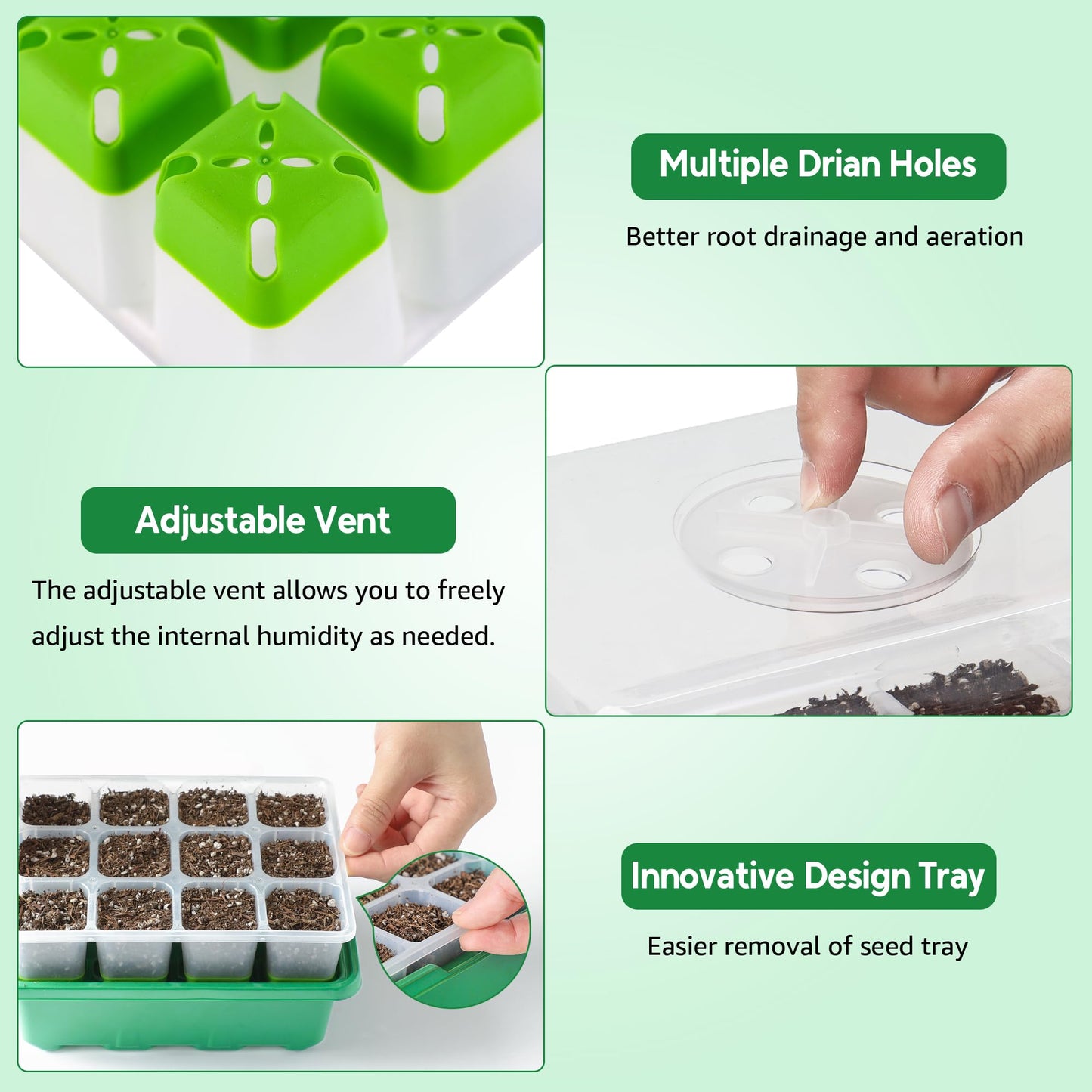 MIXC 6 Pack Seed Trays,72 Cells Seed Trays for Seedlings Reusable, Seed Propagator with Lids, Germination Trays Kit for Germination and Growth in Greenhouse,Garden,Dark Green