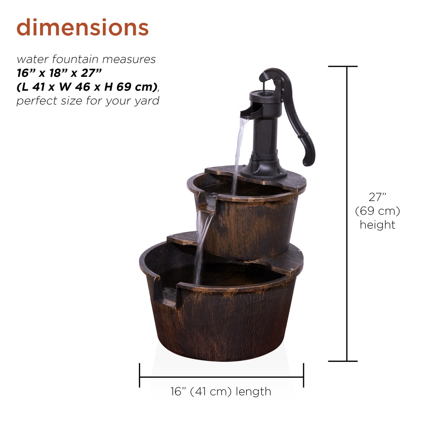Alpine Corporation 69 cm Tall 2-Tier Barrel and Pump Waterfall Fountain, Bronze Finish