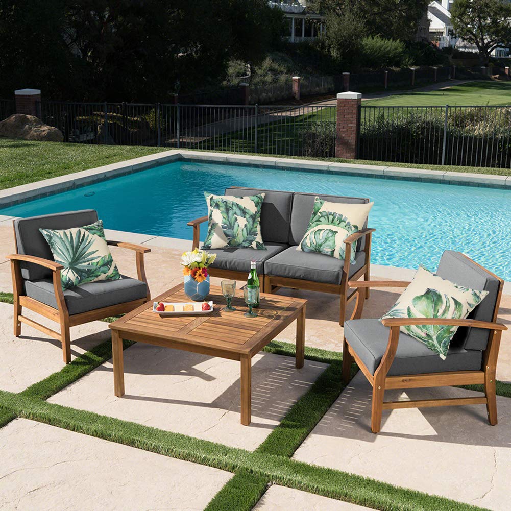 Artscope Set of 4 Decorative Cushion Covers 45x45cm, Tropical Plants Waterproof Throw Pillow Covers, Perfect to Outdoor Patio Garden Bench Living Room Sofa Farmhouse Decor