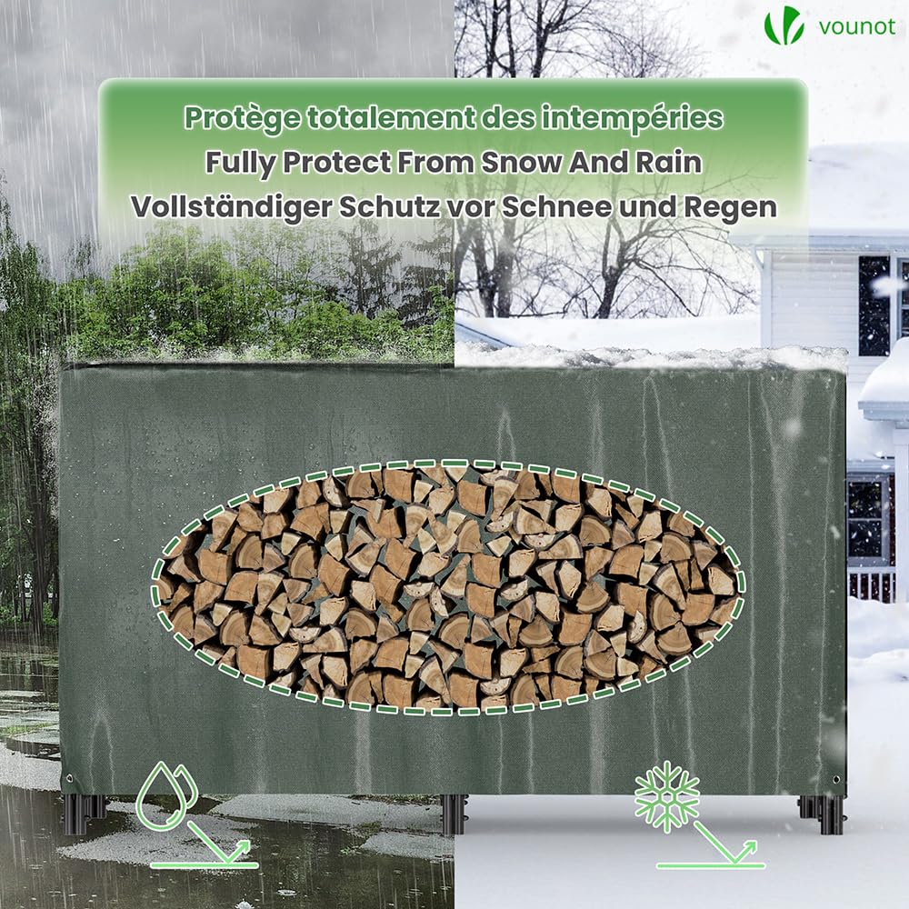 VOUNOT® Firewood Log Rack with Waterproof Cover, Metal Log Store Outdoor, 200 x 116 x 36 cm, Black