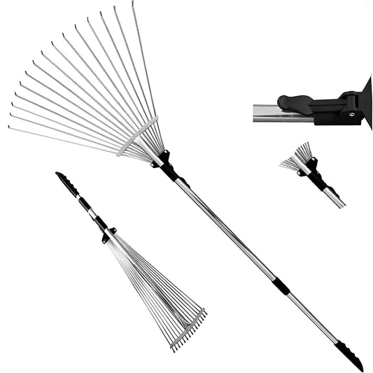 Aggloz | 38-63 inch Adjustable Garden Lawn Rake | Gardening Soil, Grass, leaf Moss etc | Heavy Duty & Rust Resistant | Quick Clean Up,25 Tines | Expanding & Telescopic Rake | 160cm