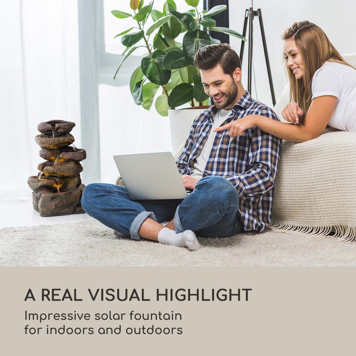 blumfeldt Savona Solar Fountain - Water Feature, Includes Solar Panel, Power: 2.8 Watts, Lithium-ion Battery (Approx. 5h Running Time), LED Lighting, Material: Polyresin, Frost-Resistant, Stone Look